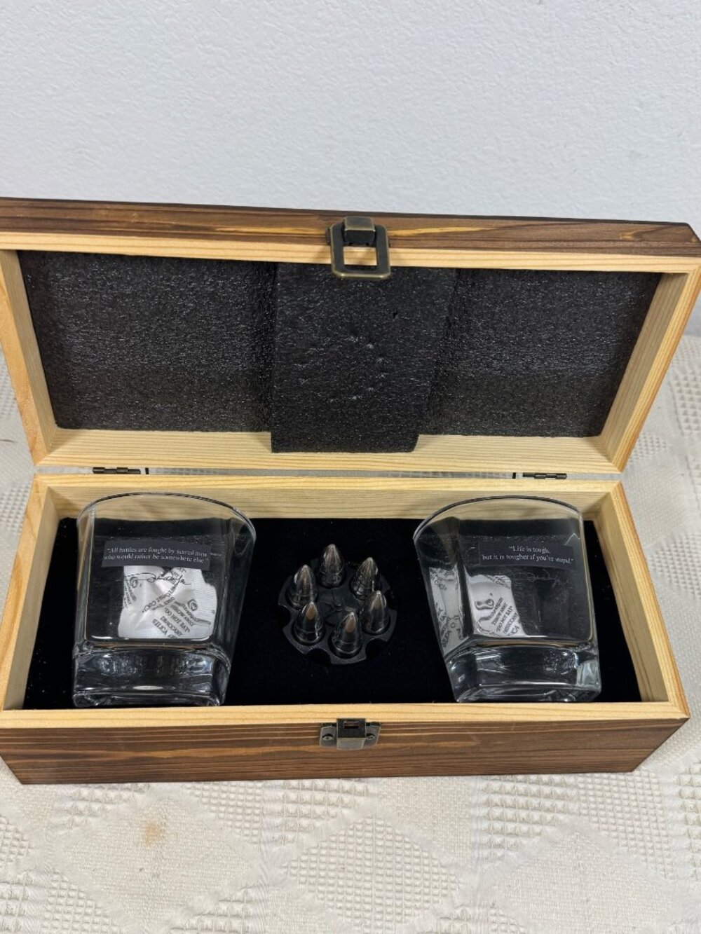 Whiskey Glass Gift Set w Bullet Shaped Chillers &  John Wayne Quotes In Wood Box